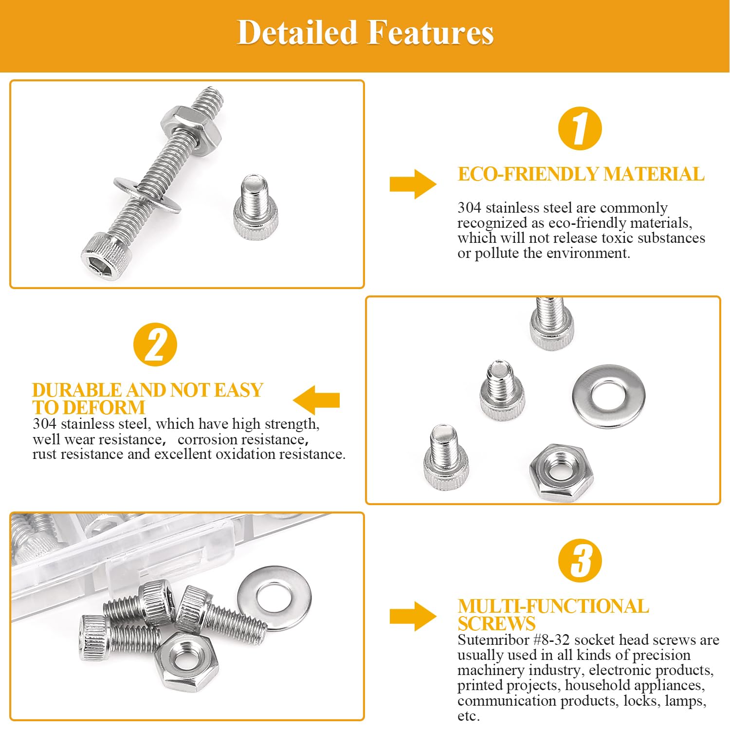 204 Pieces #8-32 x 1/4", 5/16", 3/8", 1/2", 5/8", 3/4", 1", 1-1/4", Hex Socket Head Cap Screws Nuts Washers Assortment Kit