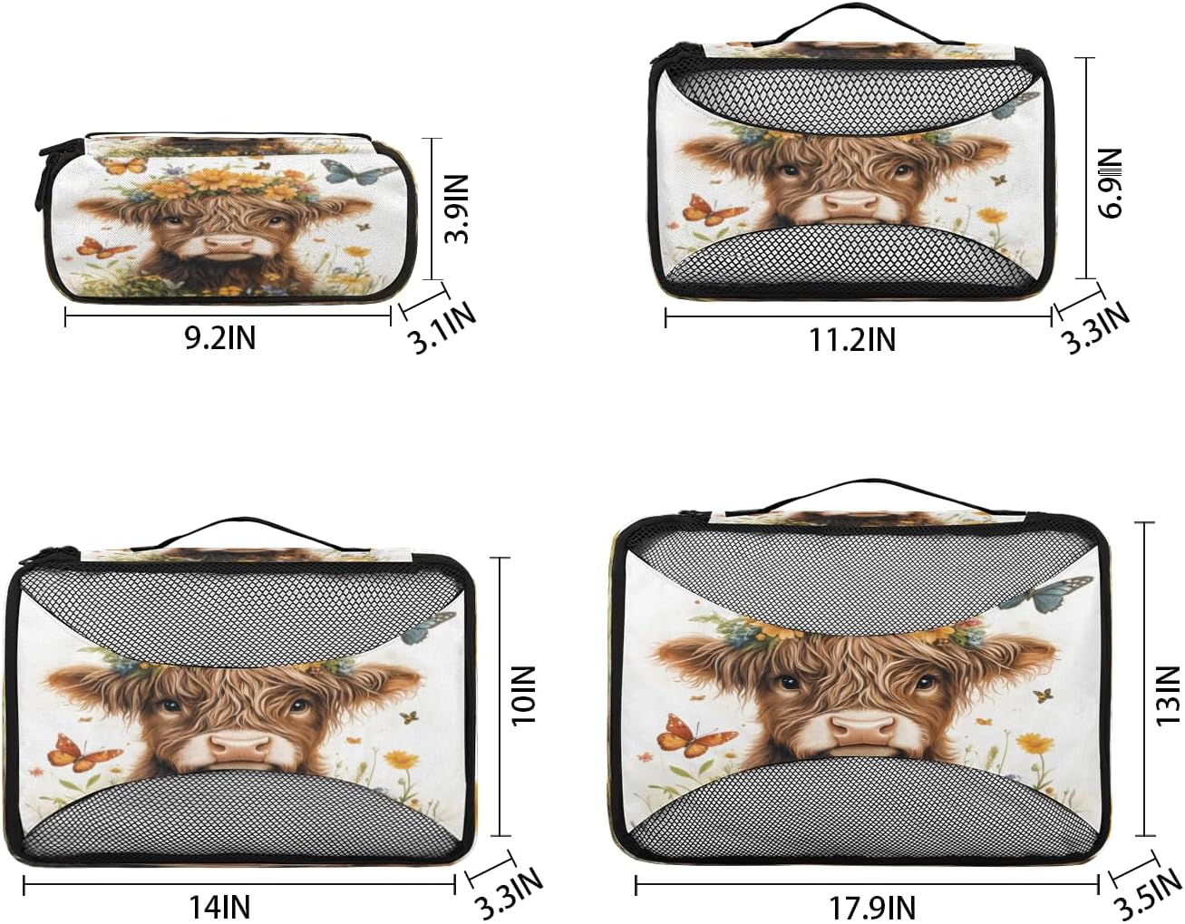 Highland Cow Sunflower Butterfly 4 Set Packing Cubes Packing Cubes for Women Lightweight Travel Essential Bag Clothes Carry on Suitcase Bags for Accessories Essentials