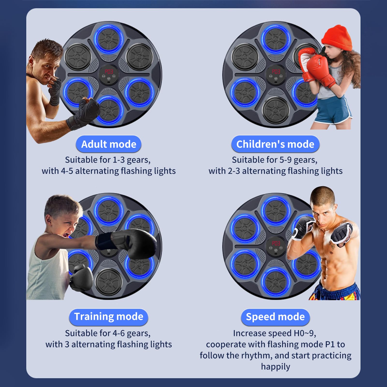 Boxing Machine avec Bluetooth, Hauteur Réglable, 4 Modes, Machine de Boxe Musicale Adulte avec Gants, Boxe Mural Musique pour l'intérieur, Exercices à Domicile, Décompression, Exercice