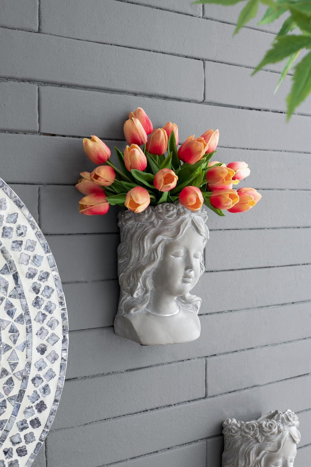 A & B Home Young Girl Bust Wall Planters for Indoor Plants, Cement Face Planter Flower Pot Beautiful Woman Greek Sculpture Long Hair with Floral Wreath, 10in Gray