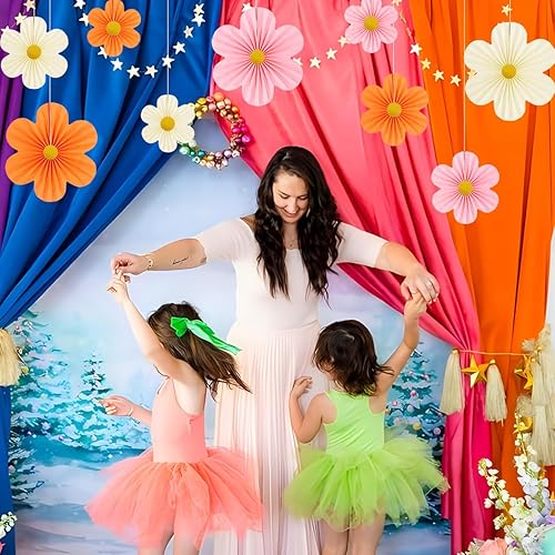 Miniatura 4 de Decoración de fiesta rosa y naranja, decoración de flores de papel para pared, abanicos de papel, telón de fondo floral, decoración de pared,