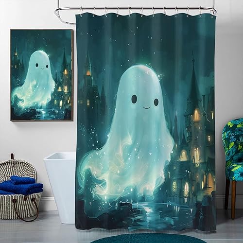 Miniatura 3 de Juego de 4 cortinas de ducha de Halloween con alfombra, cubierta para tapa de inodoro y tapete de baño, diseño de fantasmas de dibujos animados,