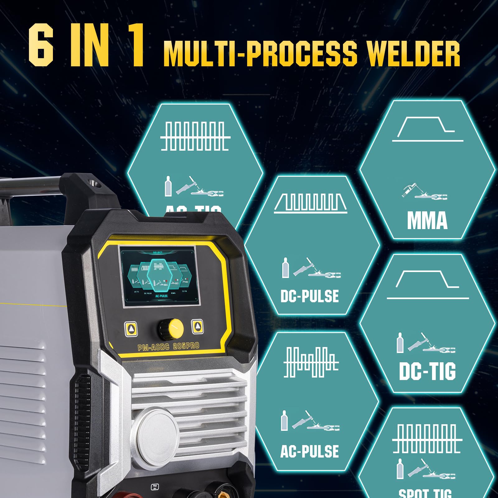 Soldadora TIG de aluminio CA/CC de 205 amperios, máquina de soldadura multiproceso 6 en 1, CA TIG/DC TIG/pulso CA/pulso CC/MMA/STICK/SPOT TIG, 110V/220V de doble voltaje, máquina soldadora ACDC