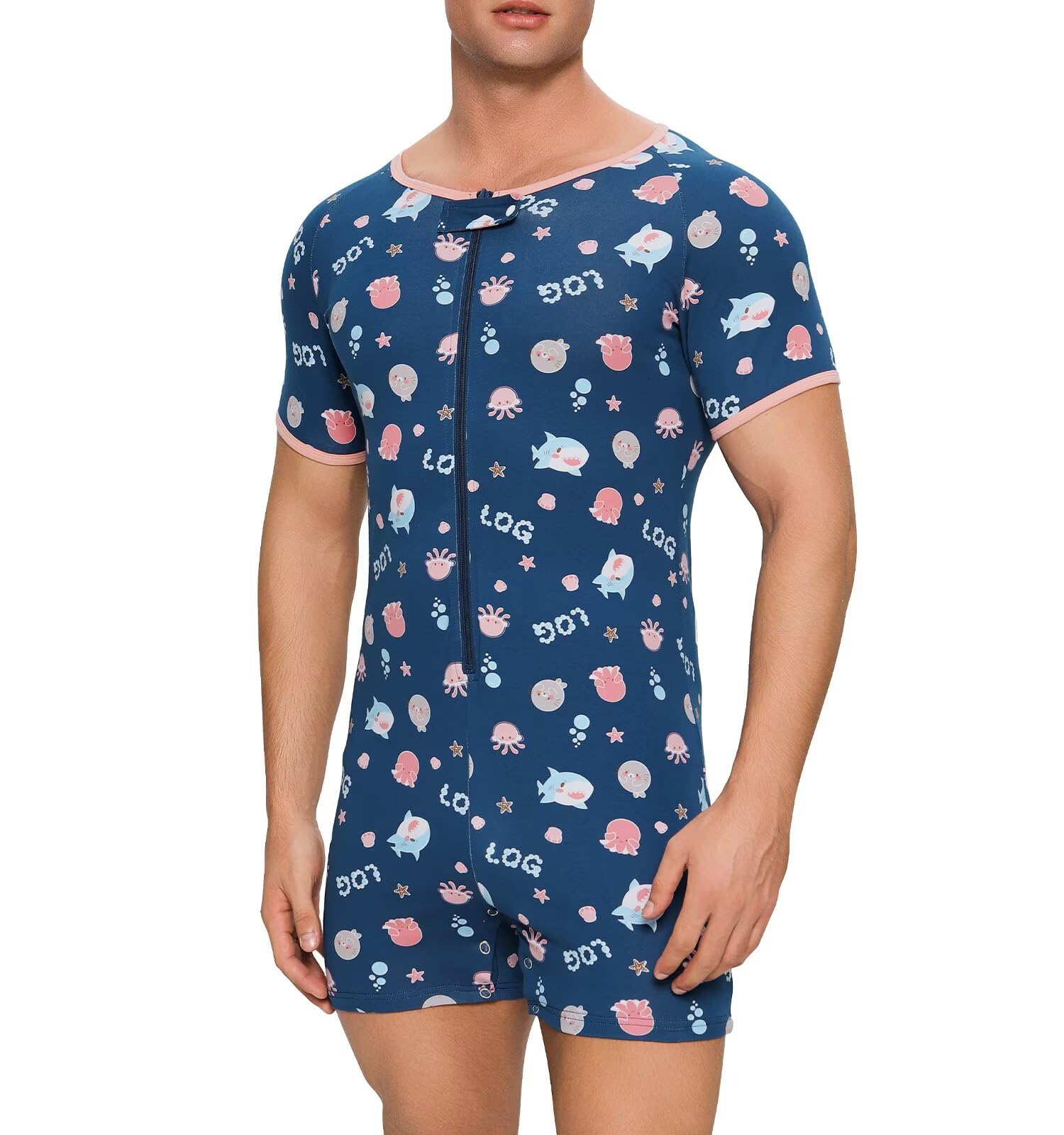 Landofgenie Body pour Adultes Homme - Pyjama Intégral à Manches Courtes avec Boutons d'Entrejambe, Coton Onesie