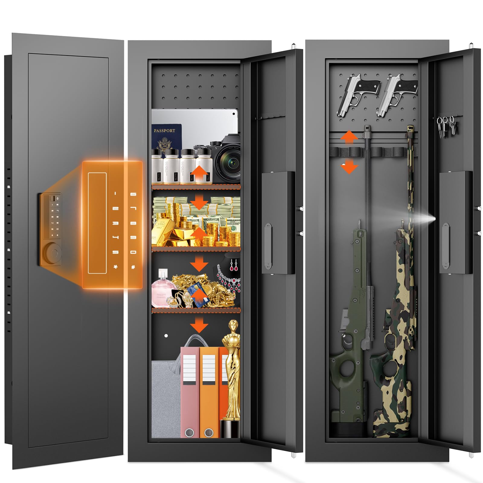 47.24" Wall Safe Between the Studs, Hidden Safe with Removable Pegboard, Wall Gun Safe with 3 Adjustable Shelves and Magnetic Slot (Black-Digital)