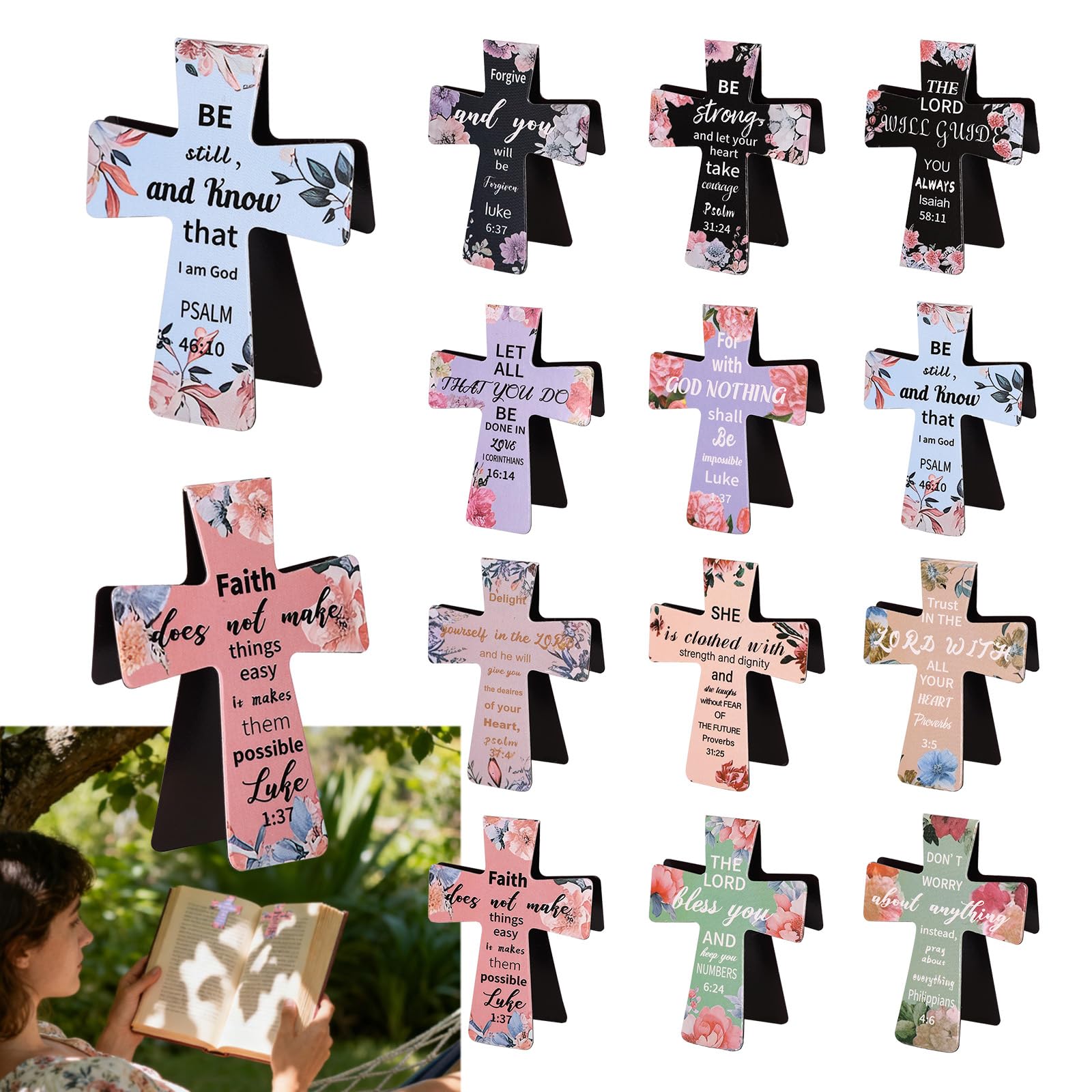 12pcs Magnetic Cross Bookmarks, Inspirational Christian Bible Religious Book Marks for Women Bible Study Teachers Readers & Students Cute Magnet Page Clips (Colorful)