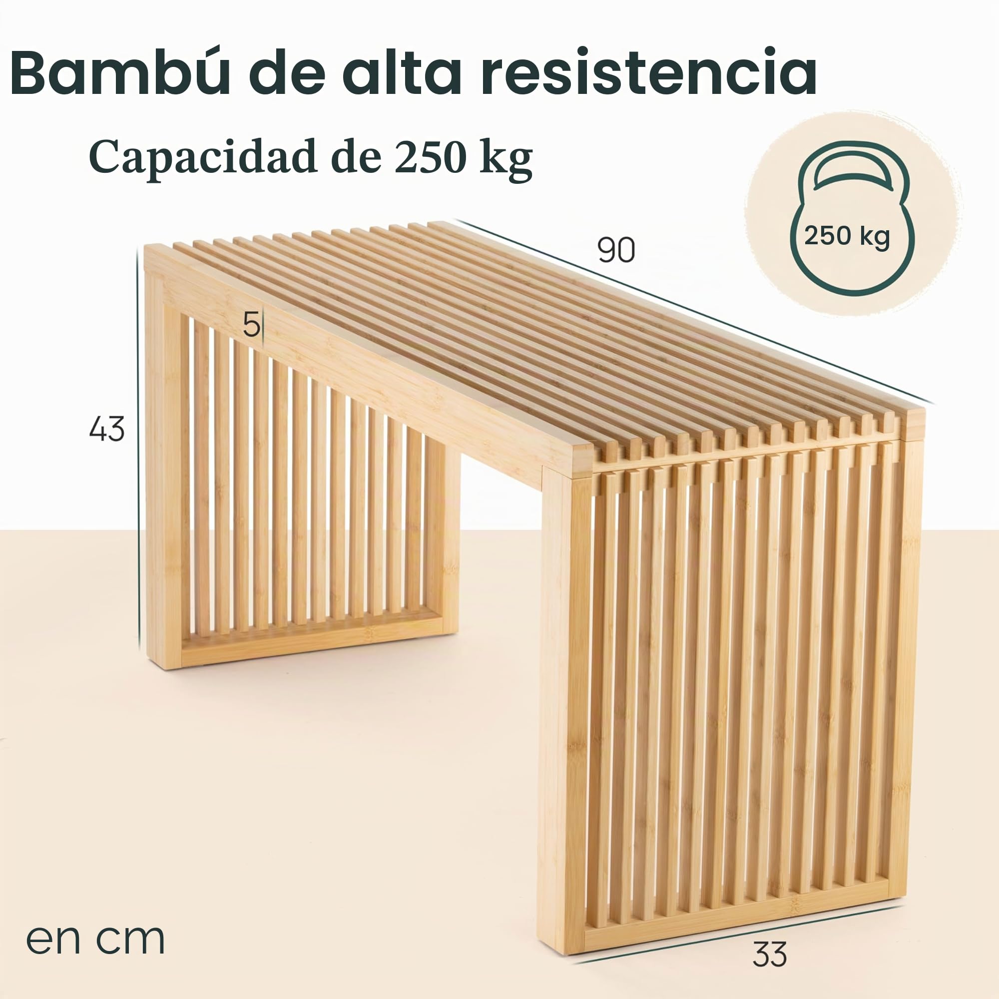 BAM BOO BOX Bambú Banco - Robusto Banco Madera sin Respaldo para Pasillo, Baño, Cocina, Comedor o Dormitorio - pequeño Mueble Recibidor Entrada 90x33x43 cm - cargable hasta 250 kg