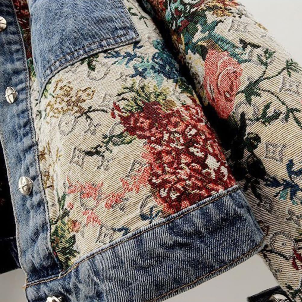 Women Flower Print Jean Jacket, 2025 Autumn Y2K Long Sleeve Button Down Lapel Cropped Denim Outerwear
