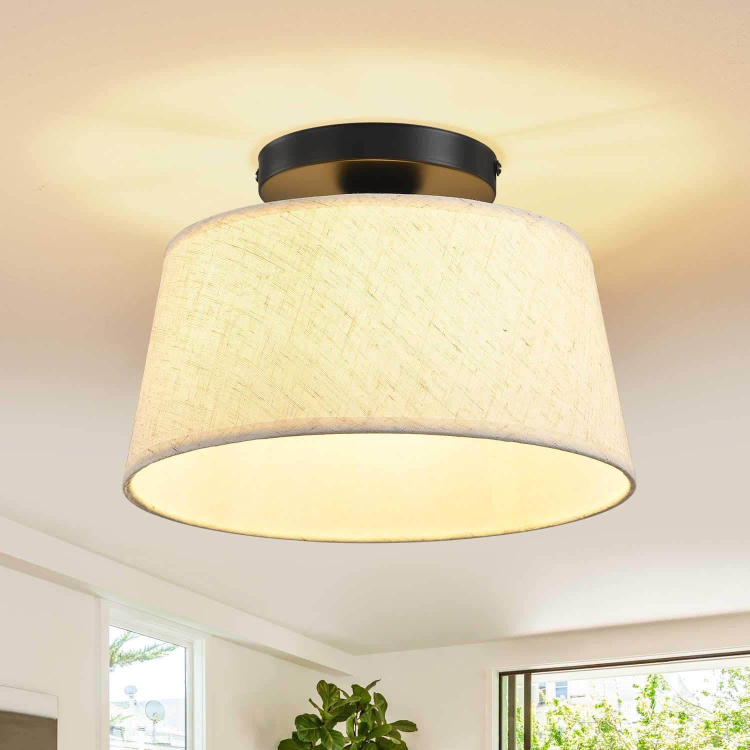 Semi Flush Mount Ceiling Light with Linen Fabric Shade, Modern Light Fixtures Ceiling Mount