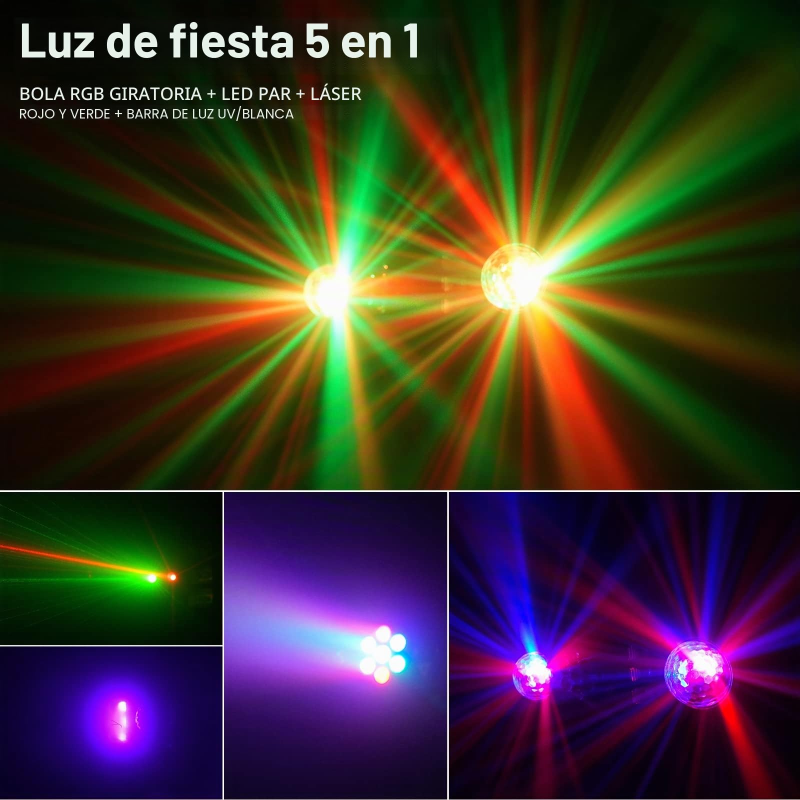U`King Luces de DJ con soporte, juego de luces de barra de fiesta 5 en 1 con bola giratoria/estroboscópica/UV/luz LED colorida y luces de patrón, Adecuado para Halloween/bar/fiesta.