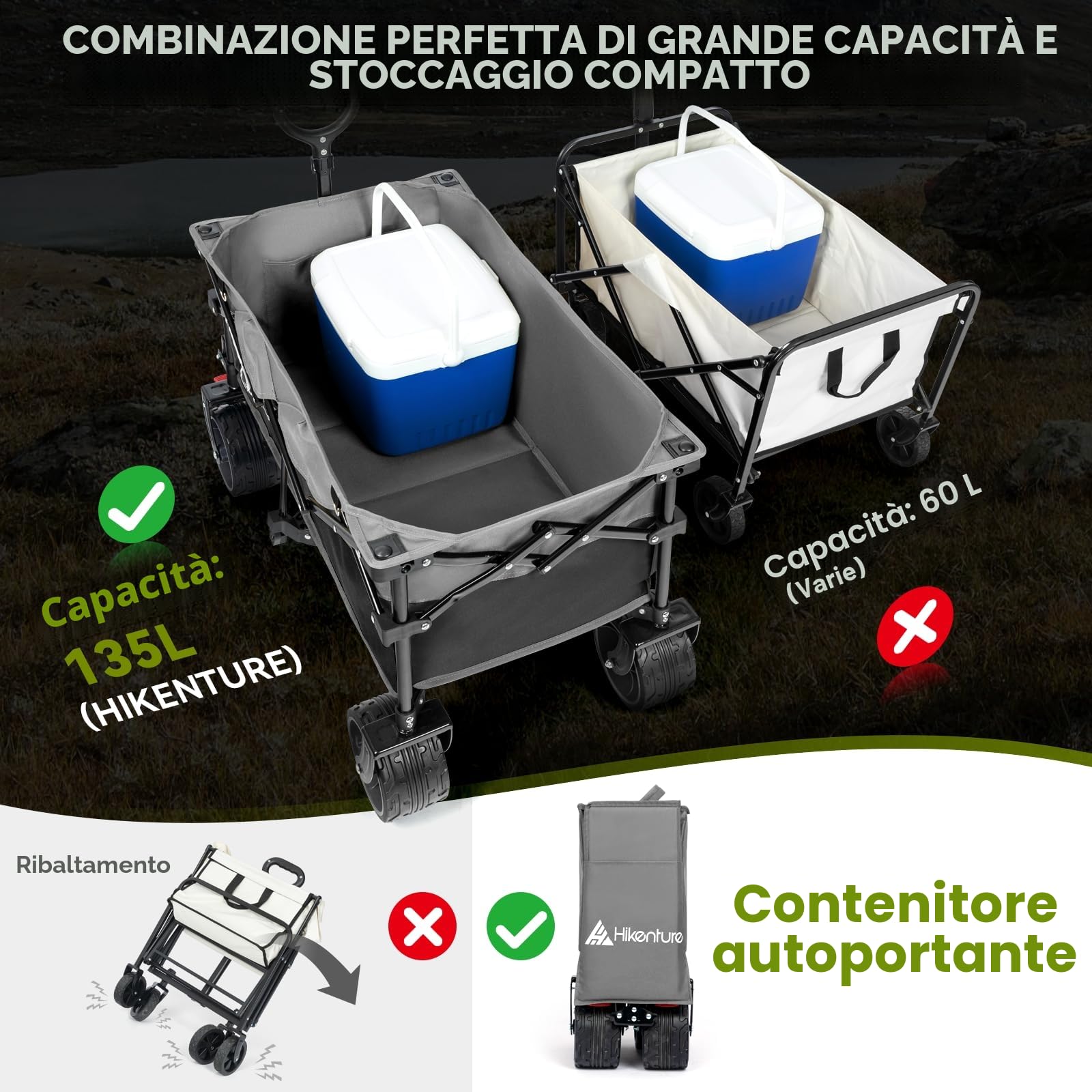 HIKENTURE - Carrellino pieghevole da 135 l, portata: 150 kg, con pneumatici larghi, con freni, carrello per la spesa, colore nero e grigio