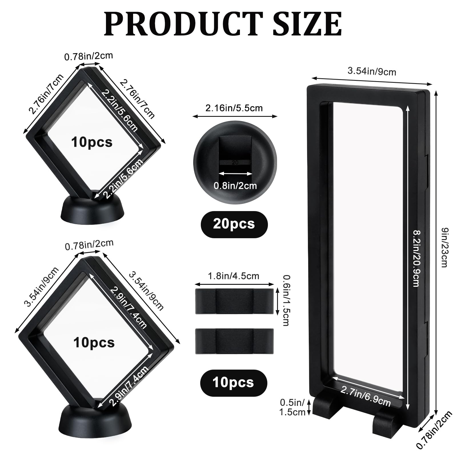 30 PCS Floating Display Case, Challenge Coin Display Stand, 3D Floating Frames Transparent PE Jewelry Storage Box for Medal, Medallion, Stamps(2.75x2.75in, 3.54x3.54in, 9.06x3.54in)