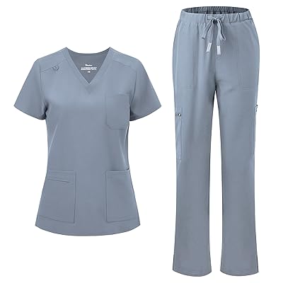 Women's V-Neck Scrubs Top & Cargo Pants Set, 10 Pockets, Yoga Waistband, 4 Way Stretch