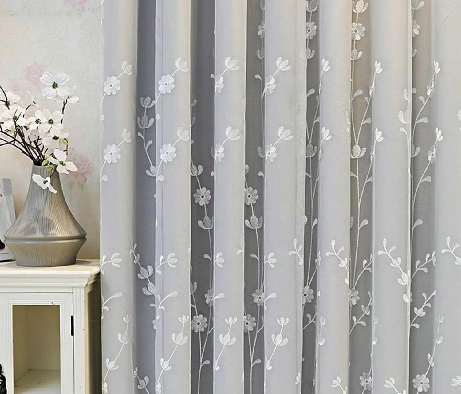 Blackout Curtain 2 Panels Set 54 inch Long, Thermal Insulated Blackout Curtains Eyelets Double Layer Solid Color Embroidered Flowers Curtain Window Treatment Light Grey, 42 x 54 Inch