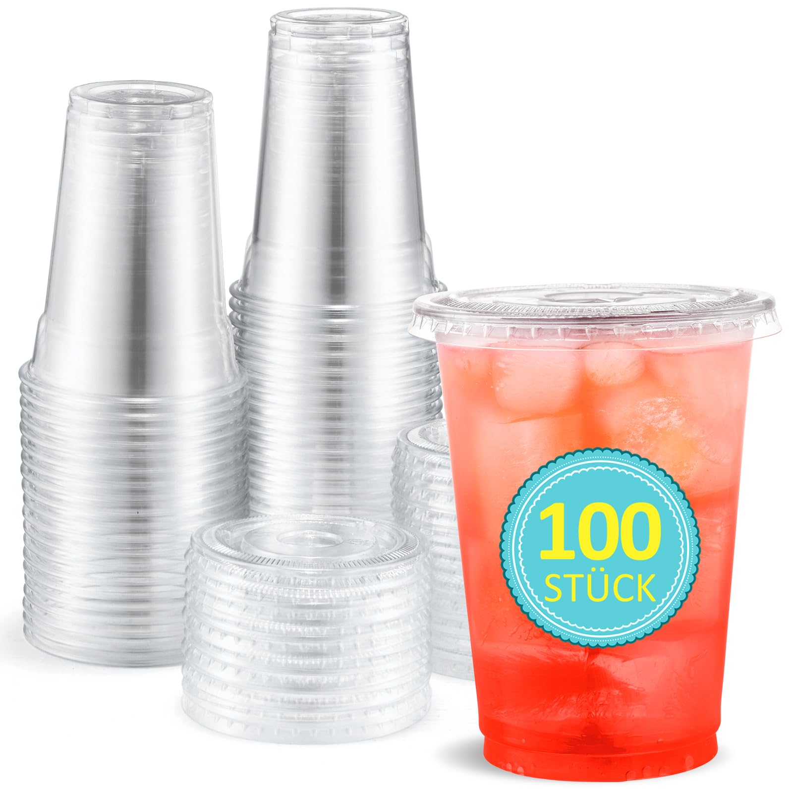 Eupako 100 bicchieri di plastica da 10 oz/300 ml con coperchio – bicchieri monouso trasparenti per bevande, profumi, frullati, adatti al frigorifero e impilabili