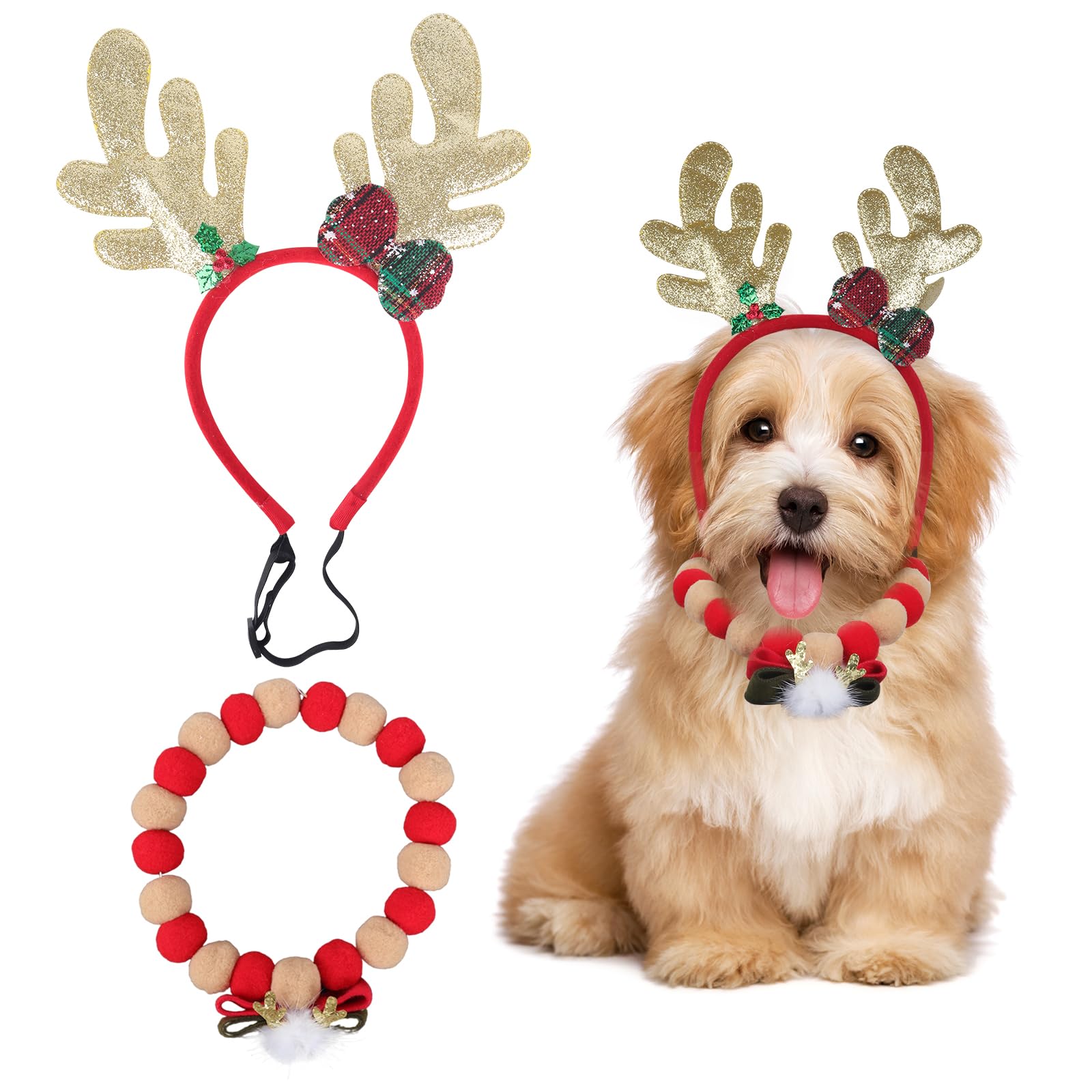 Cat Dog Christmas Outfit, Pet Christmas Costume, Christmas Pet Headwear, Xmas Small Dog Dress up, Christmas Reindeer Antlers Hat, Christmas Pom Pom Collar for Puppy Dog Cat