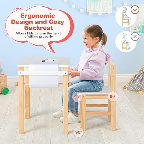 Miniatura 3 de Costzon Juego de mesa y silla para niños, escritorio de estudio para niños pequeños con rollo de papel, cajón, 2 rotuladores, juego de mesa de