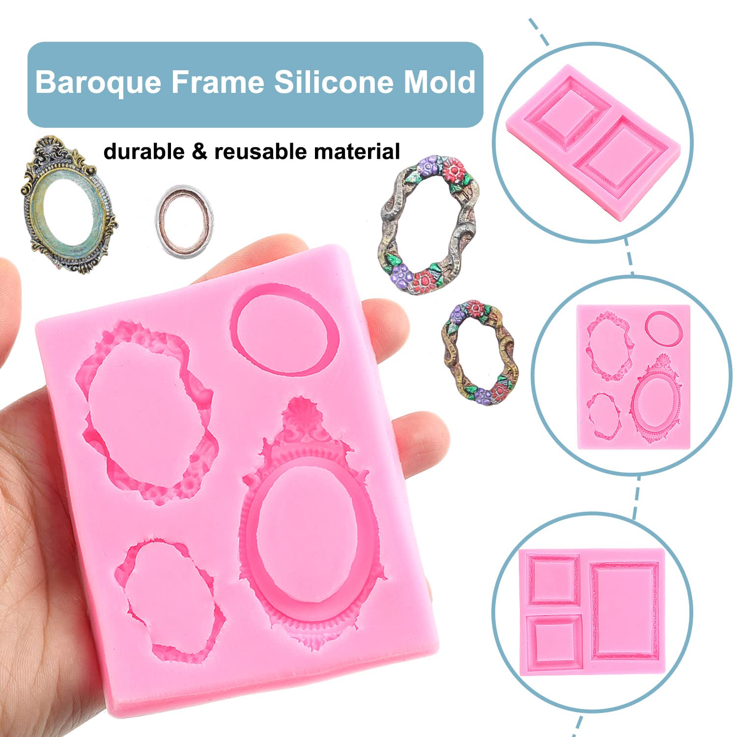 Mujiang Mirror Frame Silicone Mold Photo Frame Fondant Molds Picture Frames Silicone Mold For Cake Decorating Candy Polymer Clay Chocolate Gum Paste Set Of 3