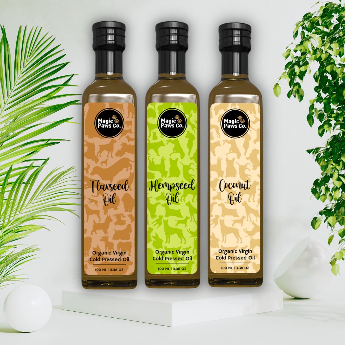 The Magical Oil Trio | Organic Virgin Cold Pressed Oils - Flaxseed Oil, Hempseed Oil, Coconut Oil | for Pets | Dogs & Cats | 100ML Each