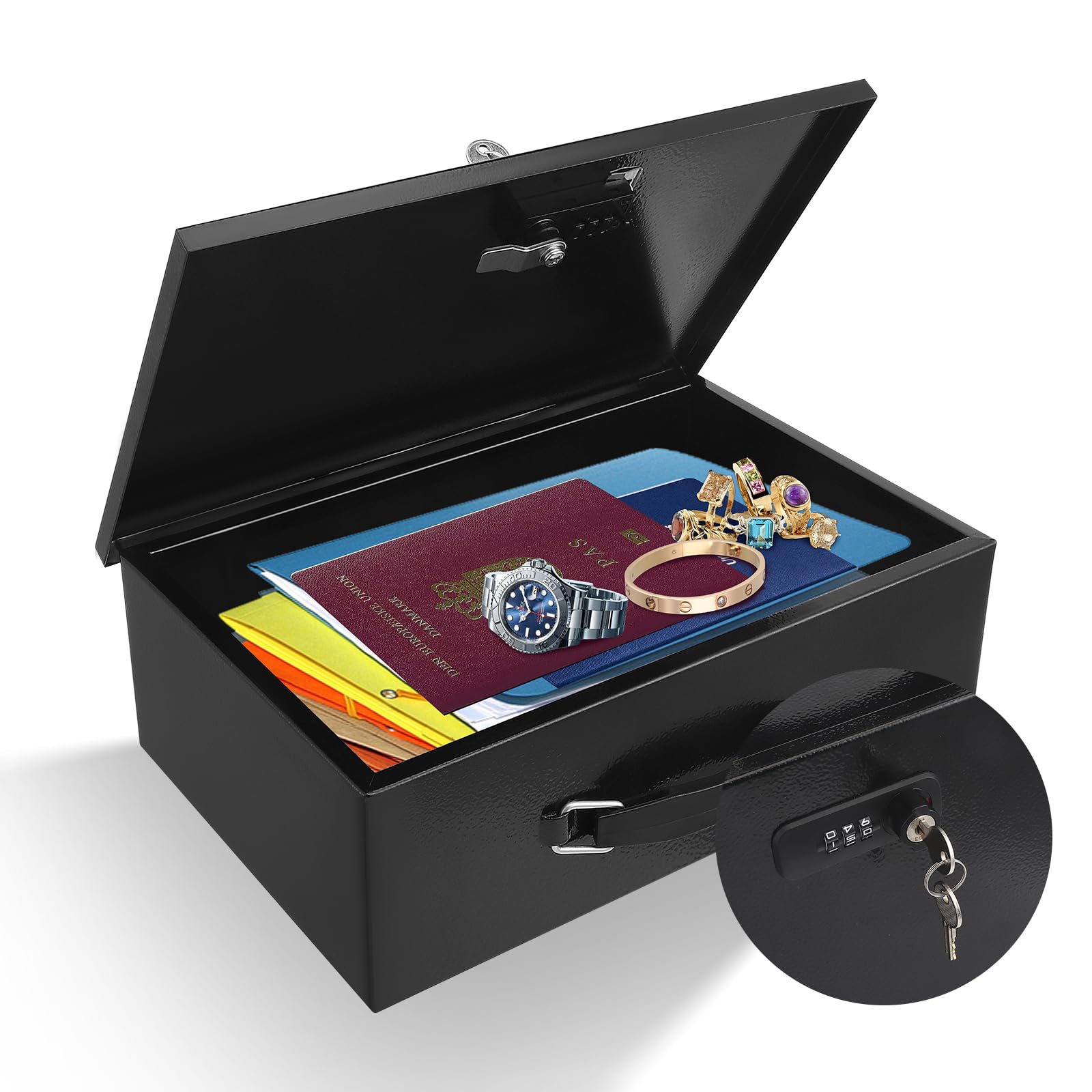 Tragbarer Feuerfester Safe Dokumentenbox mit Zahlenschloss & Schlüsseln - Feuerfester Wasserdichter Tresor für Zuhause mit Griff - Schutz für Bargeld, Medikamente, A4 Dokumente - 32,5 x 21,5 x 10,5 cm