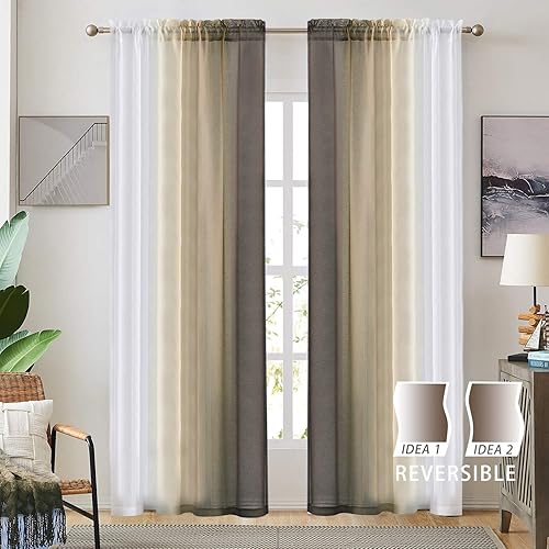 Miniatura 2 de July Joy Ombre - Cortinas de lino sintético semitransparente para habitación y sala de estar, 2 tonos reversibles, privacidad y filtro de luz