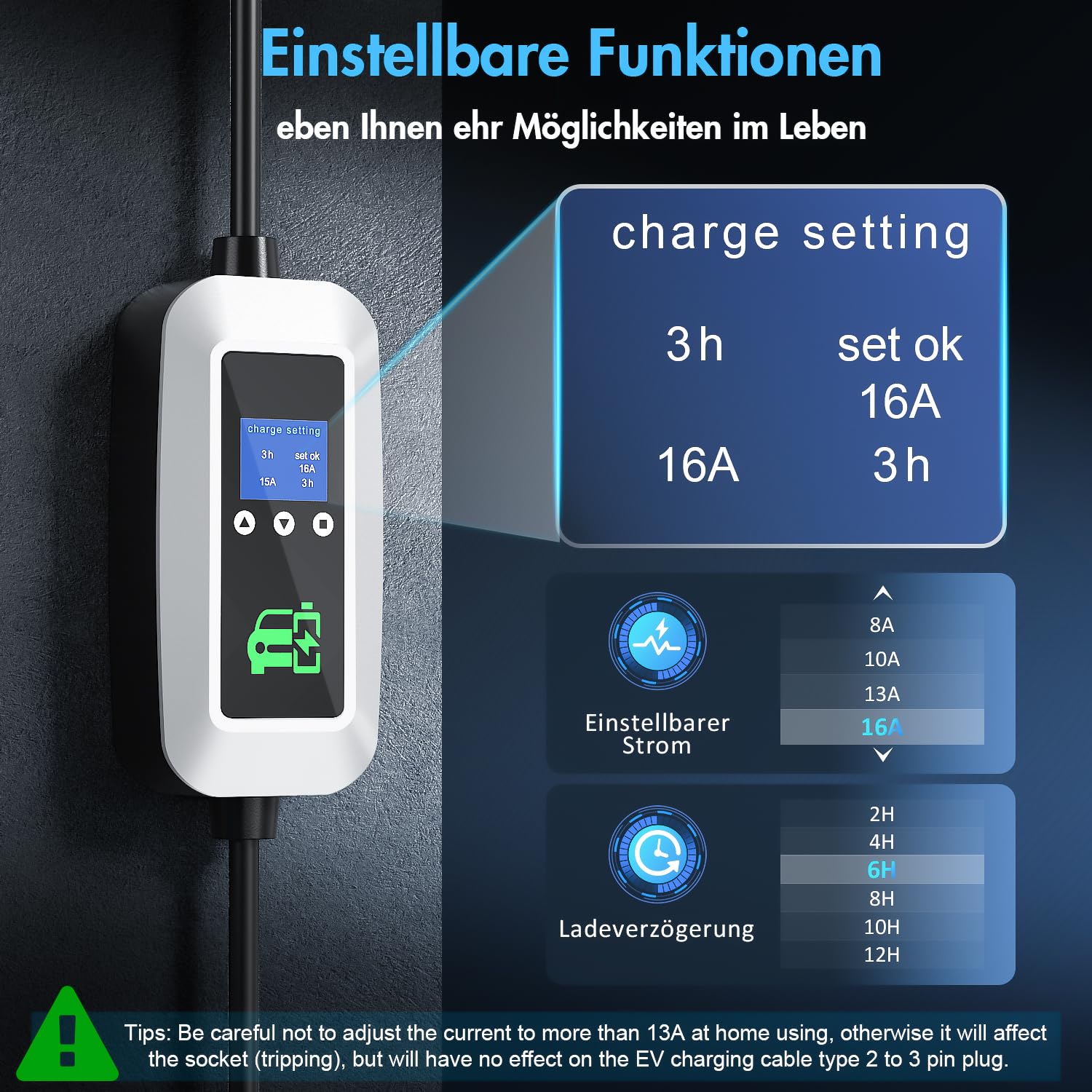 EV Ladekabel Typ 2 3.68kW, [6m, 16A, 1-Phasig],Ladekabel elektroauto typ 2 mit Steuerbarer Digitalanzeige und 0-12h Zeitverzögerung,Tragetasche und EV-Ladegeräthalterung für Allen PHEV und EV