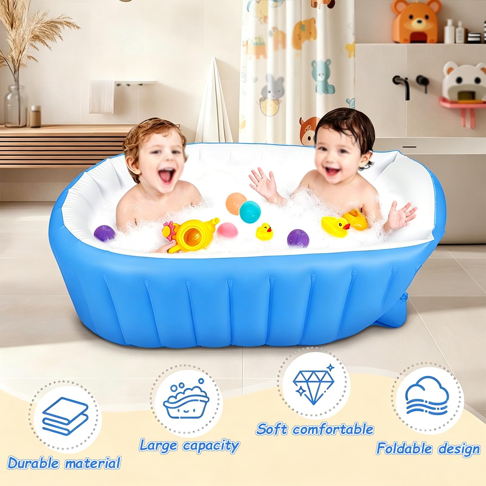 BañEra Inflable,PortáTil De Viaje para BebéS Y NiñOs PequeñOs,con Bomba Aire,Un Imprescindible El BañO,DiseñO Plegable Un FáCil Almacenamiento, ReciéN Nacidos hasta(64 * 98 * 28cm,Blue)