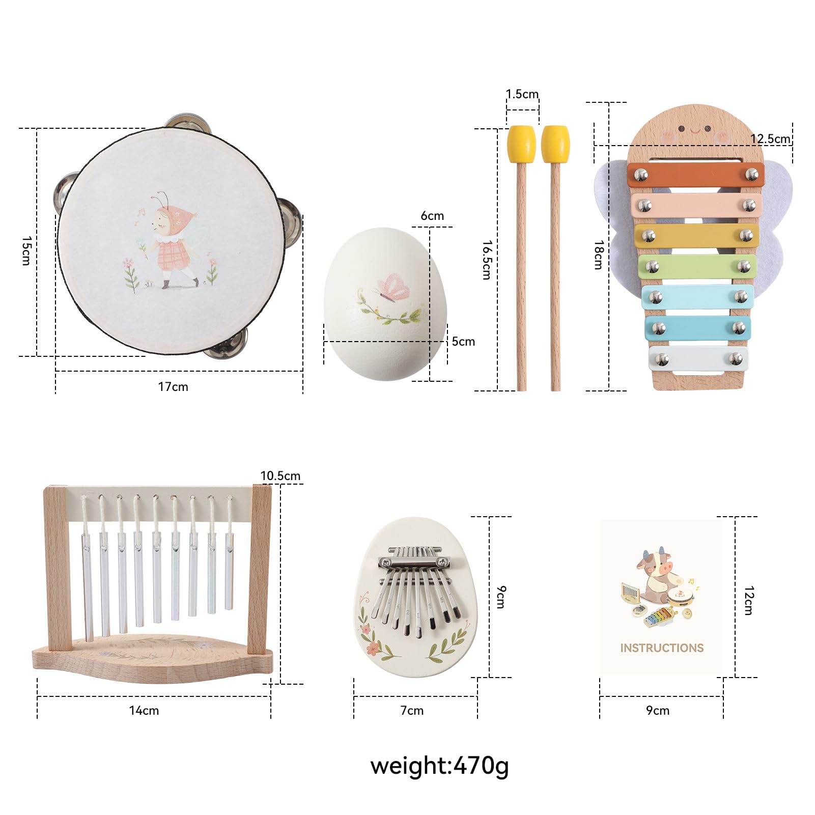 Montessori-Holzmusikinstrumente-Set, Naturholz, Tamburin, Xylophon, Maracas, Windspiel, frühes Lernen, Musikbildungsspielzeug für Kinder und Kleinkinder