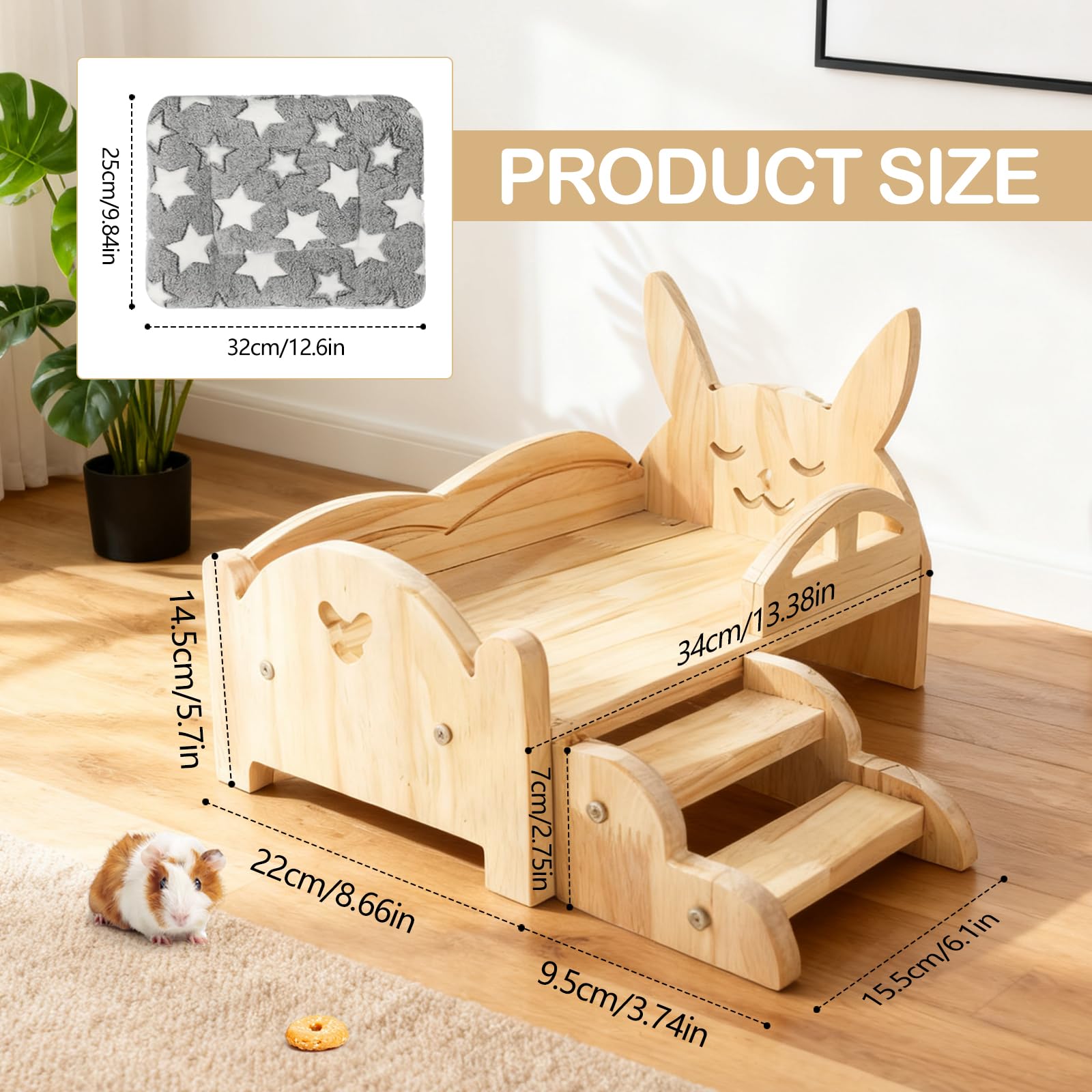 Letto per Porcellini D'India, 34 x 22 x 7 cm Letto in Legno per Piccoli Animali con Materasso Rimovibile e Scale Larghe 15,5 cm per Porcellini D'India Criceti Coniglio Furetti Ricci