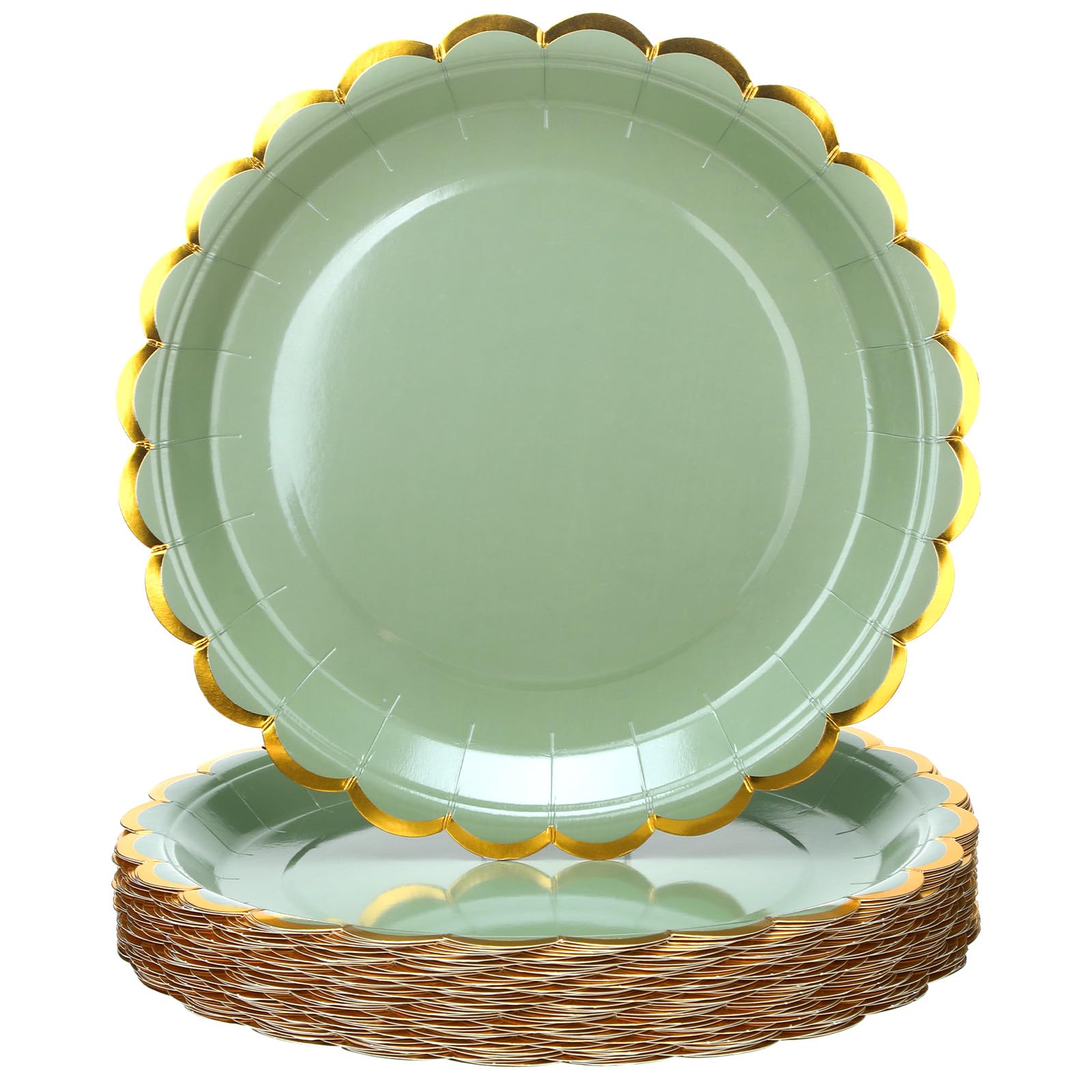 Maxcheck 50 Pcs Sage Green Scalloped Paper Plates with Gold Foil 9 Inches Disposable Party Plates Decorative for Cake Dessert Birthday Baby Shower
