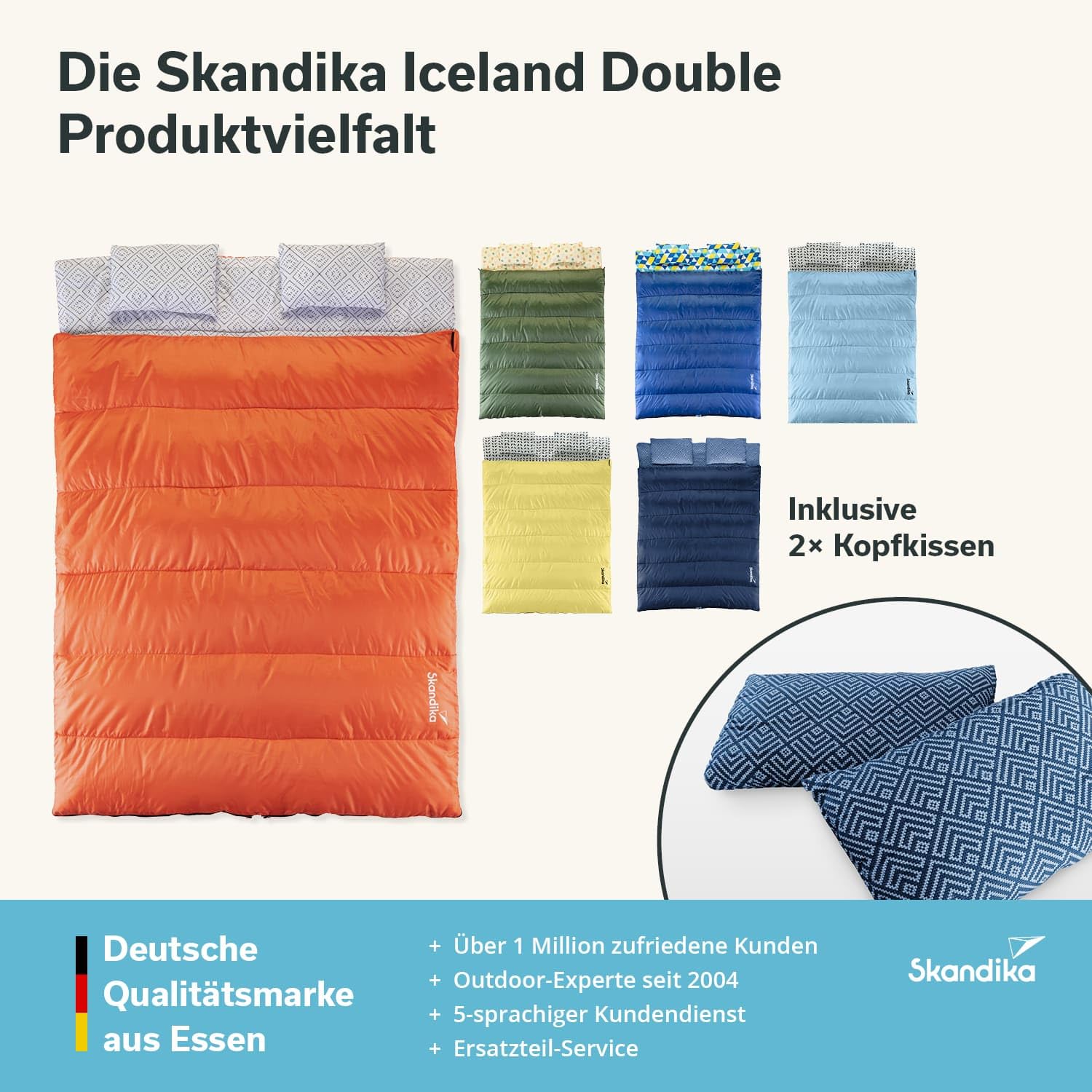 Skandika Doppelschlafsack Iceland Double | Schlafsack 2 Personen 3 Jahreszeiten, mit/ohne Flanell, Baumwolle, Kissen, 220 x 150 cm, als Einzelschlafsack nutzbar | Deckenschlafsack Familienschlafsack