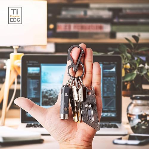 Miniatura 4 de RovyVon Llavero de titanio U8 con mosquetón para abridor de botellas, llavero de tamaño de palma EDC, gancho en forma de B mejorado, ligero con