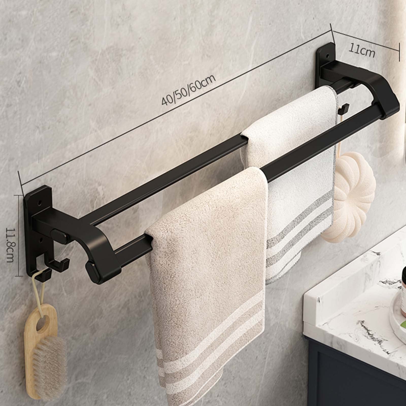 Porta Asciugamani Da Parete Senza Foratura - Doppio Braccio, Alluminio Nero 60cm, Adesivo Per Piastrelle - Foto 10