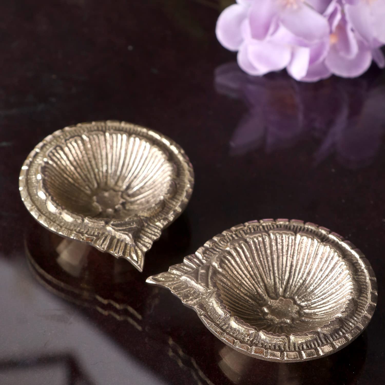 Satvik 6 Pc Brass Laxmi Diya Engraved Floral Design Pooja Diwali Home Mandir Decor Oil lamp Kutthu Vilakku Nilakku Lakshmi Pujan Deepak Deepam Tea Light Holder Dia Indian Housewarming Return Gift Item - Image 2