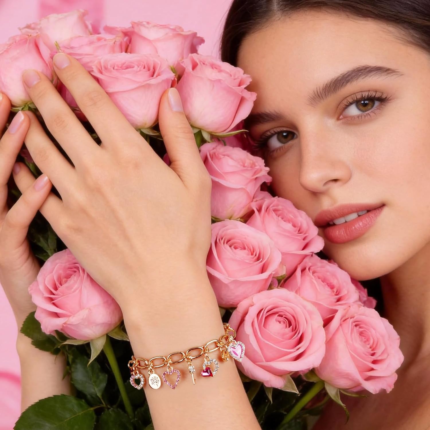 Cute Gold Heart Charm Link Bracelet for Women 14K Gold Plated Rhinetstone Love Heart Lock Key Lucky Clover Chain Bracelet with Dangle Crystal Pendant Adjustable Party Trendy Y2K Jewelry Gift for Women - Image 9