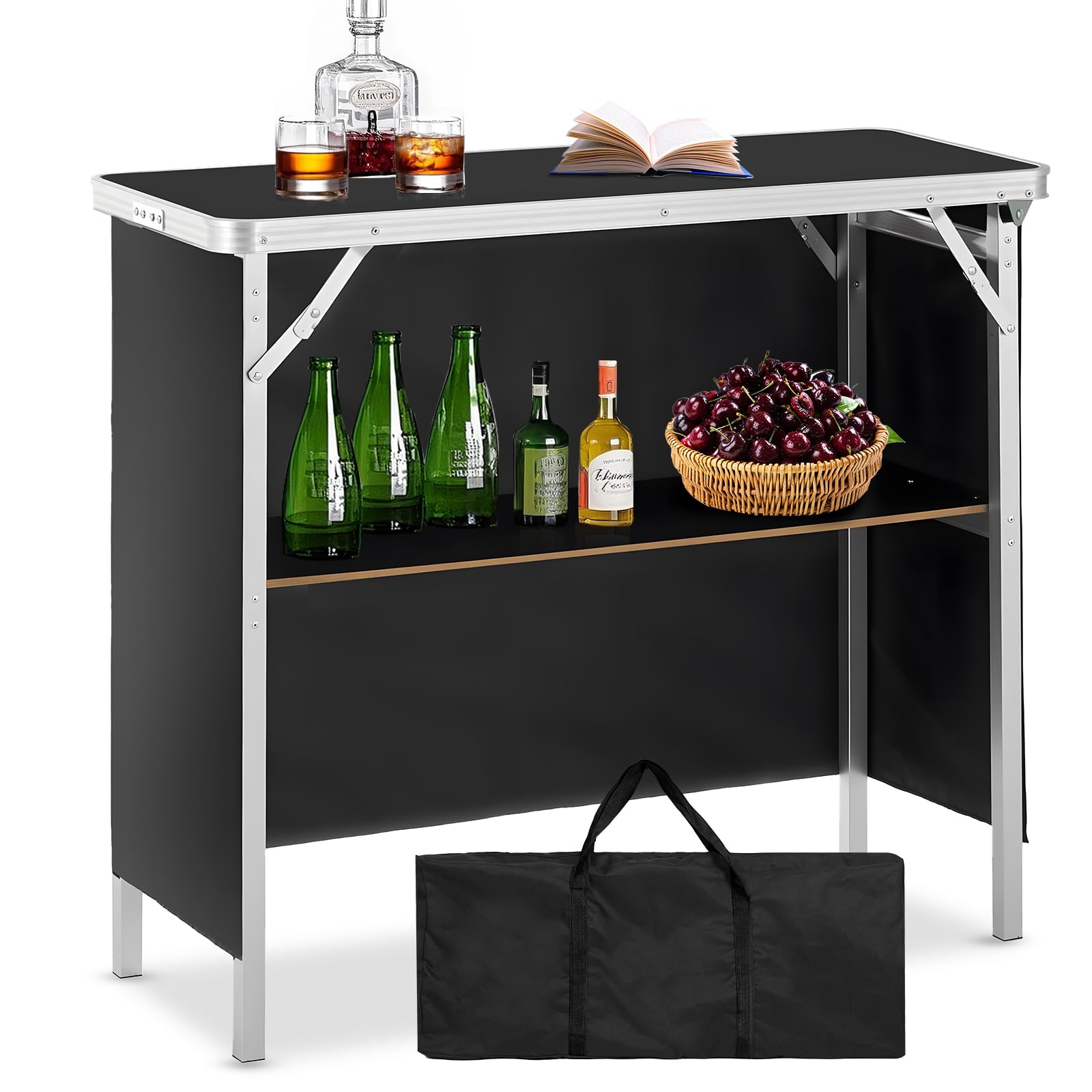 Portable Bar Table with Storage Shelves, Folding Mobile Bartending Station with Skirt, Carry Case, for Events, Party, Camping, Picnic, Tradeshow (15.2" D x 38.5" W x 34.5" H)