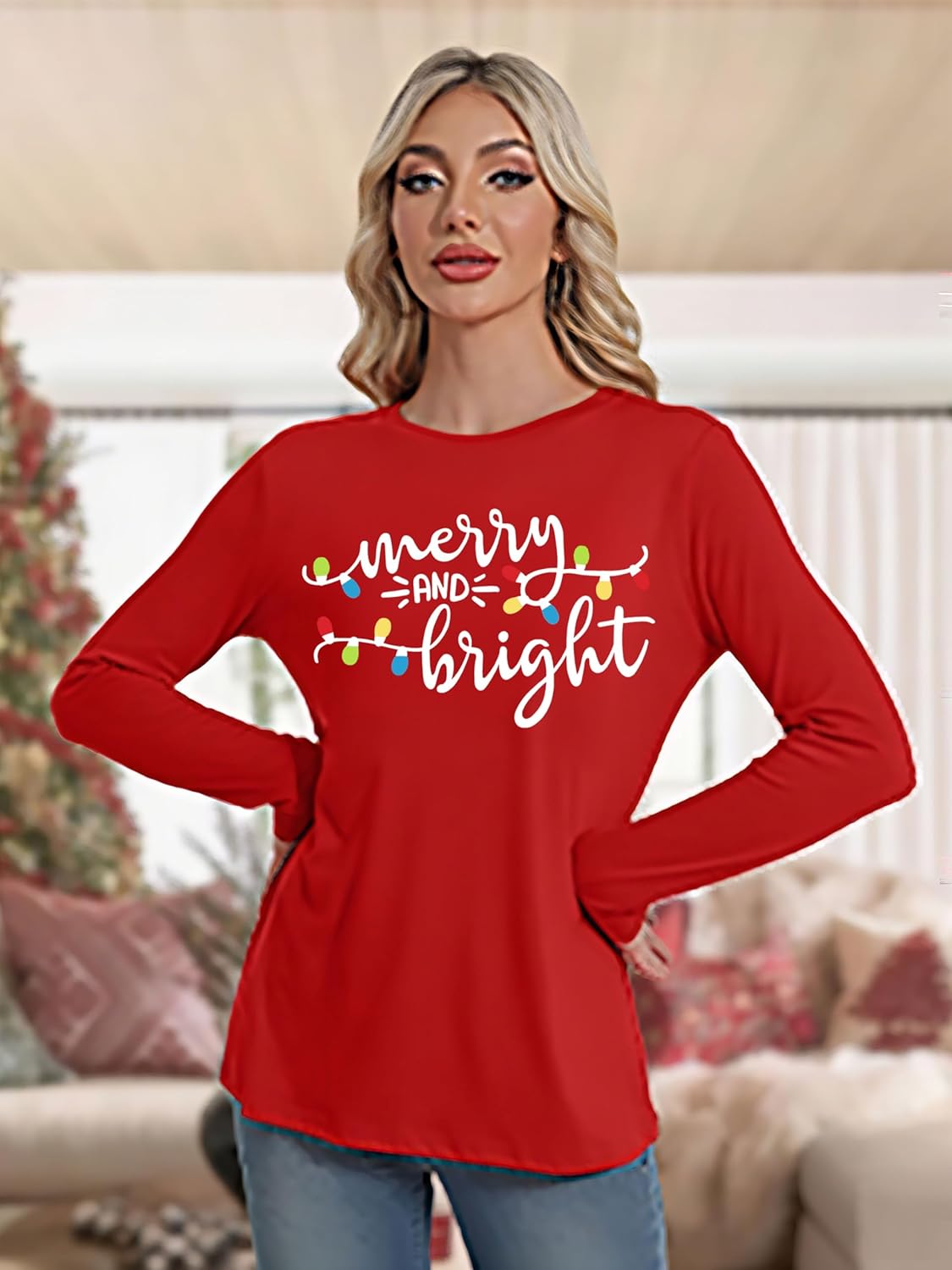 Christmas Shirts Womens Merry and Bright Shirt Christmas Tree Graphic Tee Xmas Holiday Long Sleeve Tshirt Top - Image 5