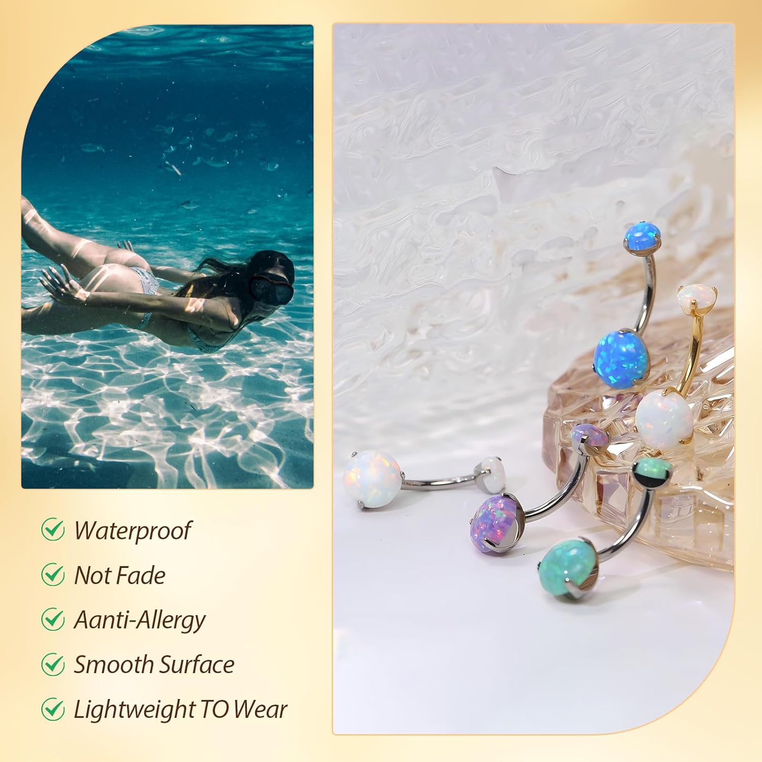 PEAKLINK Opal Belly Button Ring 10mm 14G Belly Jewelry Titanium Navel Ring Internally Threaded Belly Barbell Navel Jewelry Navel Belly Piercing Jewelry for Women - Image 4