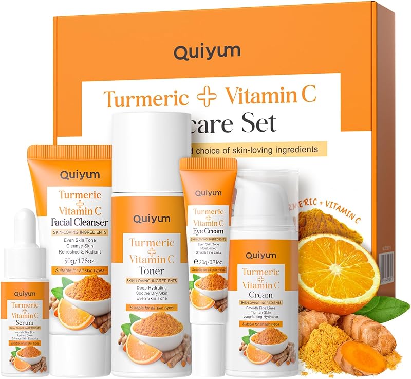 QUIYUM Turmeric Vitamin C Skin Care Set, 5PCS Beauty Routine for Women | Radiance Facial Care, Moisturizing, Smooth & Glow, Valentine's Day Birthday Gift, Skincare Products