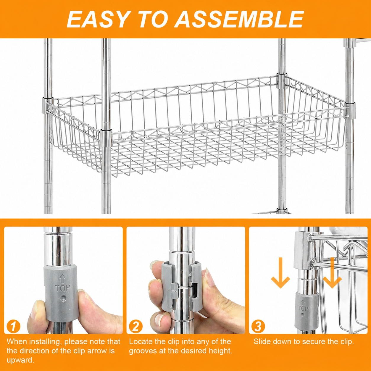 Garvee Carro de cocina con 3 estantes, carrito de metal, altura regulable, cesta y ruedas, carrito multiusos con asa y 2 frenos de estacionamiento para cocina, baño, oficina, cromo plateado, 60 x 35 x