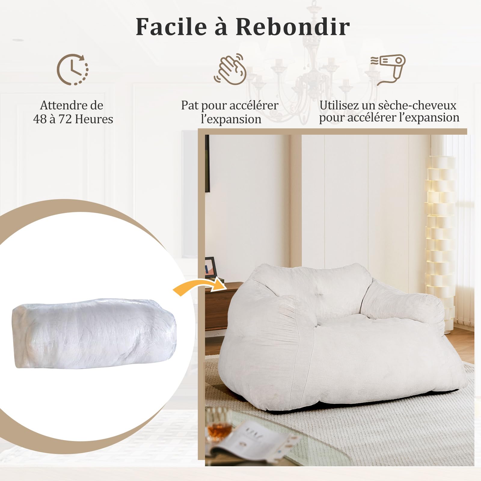 COSTWAY Fauteuil Poire pour Salon, Canapé Moelleux en Velours Ultra-Doux Convient pour Enfant, Ado & Adulte, Fond Antidérapant, Fauteuil de Sol Rembourré pour Salon, Chambre, 110 x 124 x 68 cm, Beige