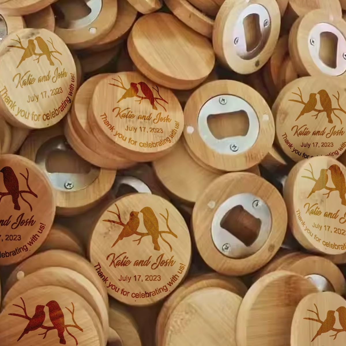 Abrebotellas De Madera Personalizado Con Imán, Abrebotellas Rústico Redondo Grabado Personalizado For Padrinos De Boda, Con Fecha, Nombre Y Ubicación Grabados, For Bodas, Comuniones(40pcs)