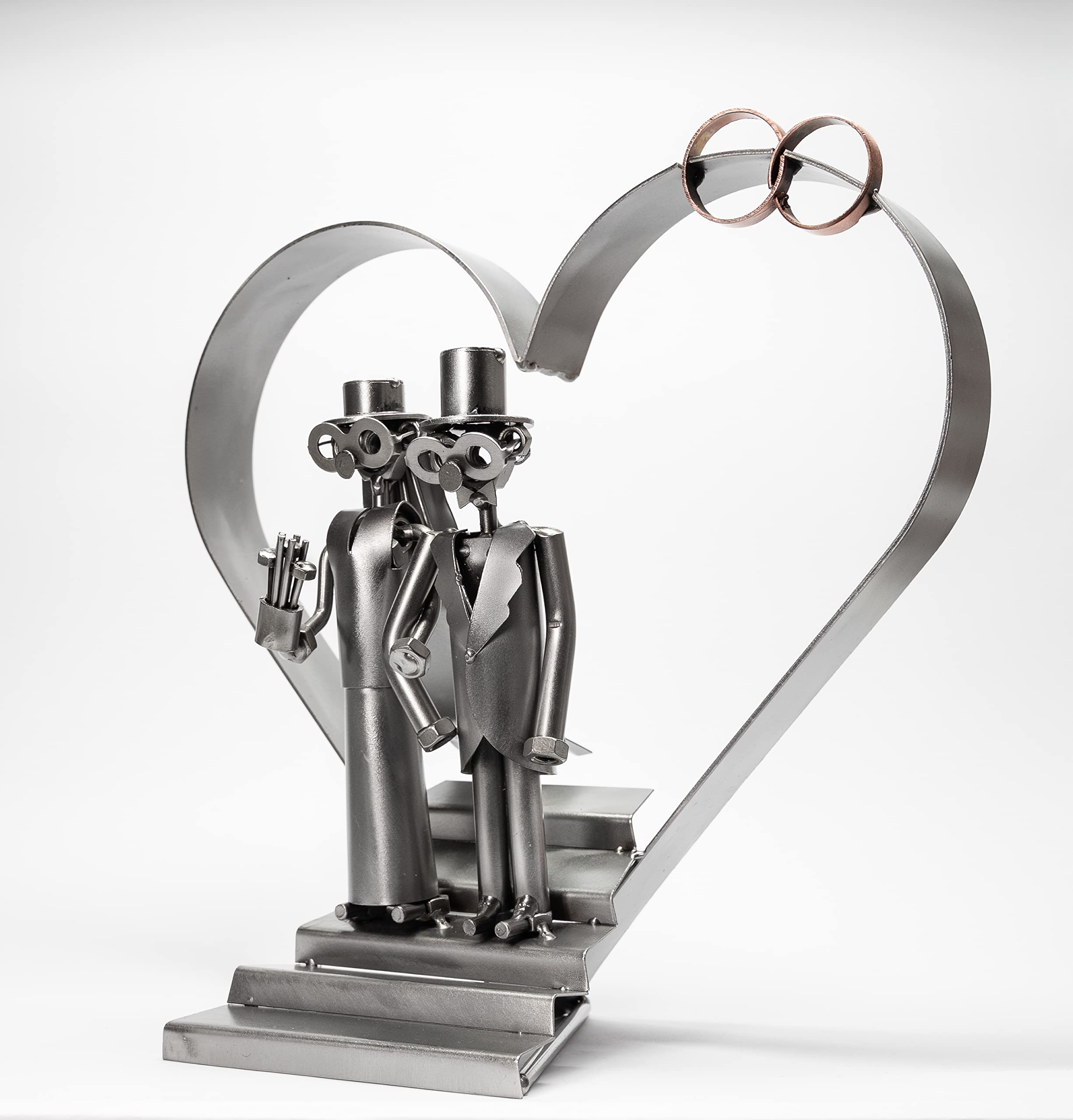 STEEMO Schraubenmännchen Hochzeit Hochzeitspaar Figur - Brautpaar Hochzeits-Geschenk Metall-Kunst Deko Herz, Stahl, grau 31x16x31 cm