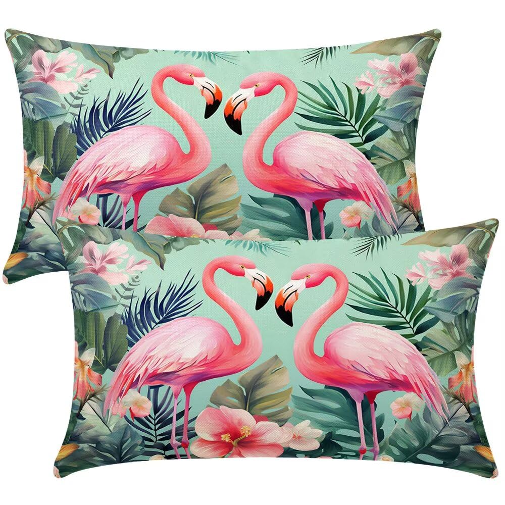 Cushion Covers 35cm x 55cm Plants Cushion Cover 14 x 22 Inches Pack of 2 Throw Pillow Covers Summer Flamingo Sofa Cushions Polyester Linen Pillowcases for Couch Living Room Bedroom Home Decor -SC347