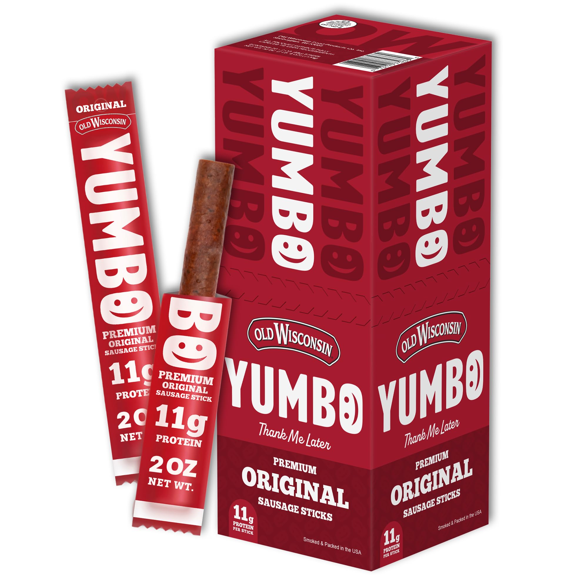 YUMBO Original Summer Sausage Sticks, High Protein Snacks, Gluten-Free, Low Carb, Keto, Ready-to-Eat, 2 oz Meat Sticks, 20 Count Pack