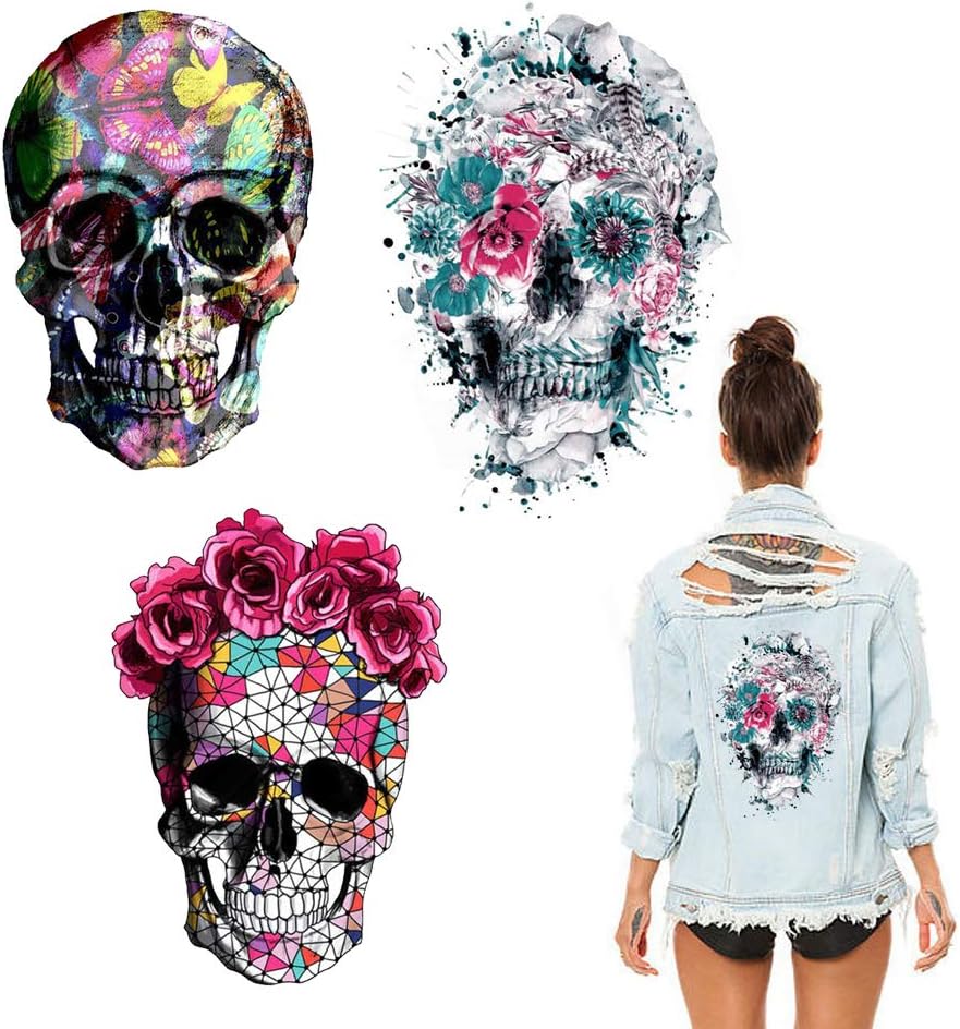 Skull Stickers Patches Halloween Supplies Red Rose Flower Butterfly Feather Iron on Heat Transfer Decals for Jacket Jeans Clothes DIY Decorations 3 Large Size Decals