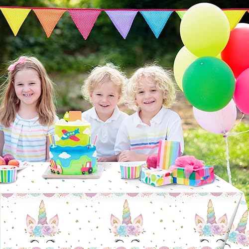 Miniatura 6 de DaiUni 1 mantel de fiesta de unicornio para decoración de fiesta de cumpleaños, fundas de mesa rectangulares desechables de plástico para niños y