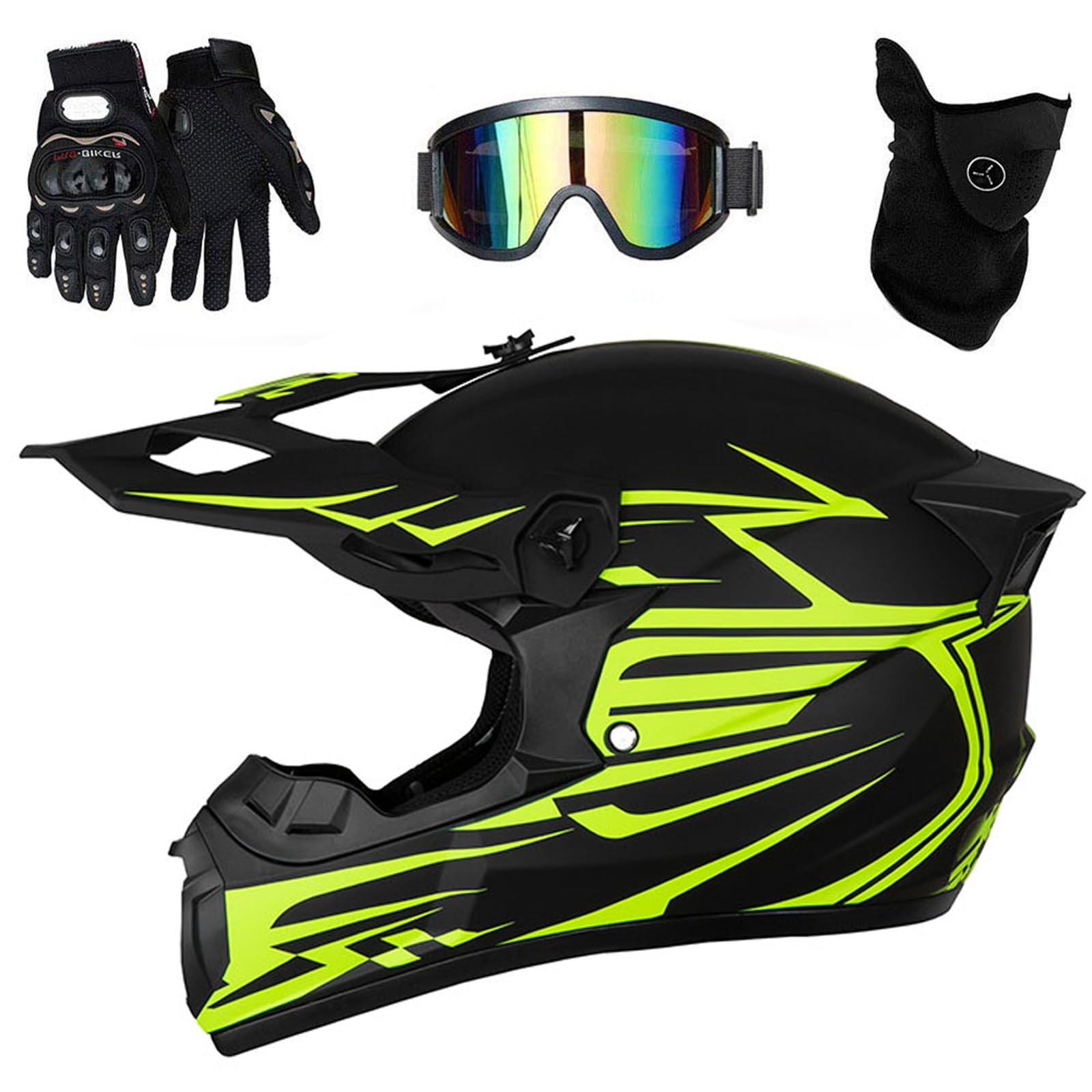 Casco Motocross Juvenil - Diseño con Alerón Trasero Estilizado + Kit Completo (Gafas & Guantes & Máscara) para Quad/MTB/BMX(As Yellow,M(54~55cm))