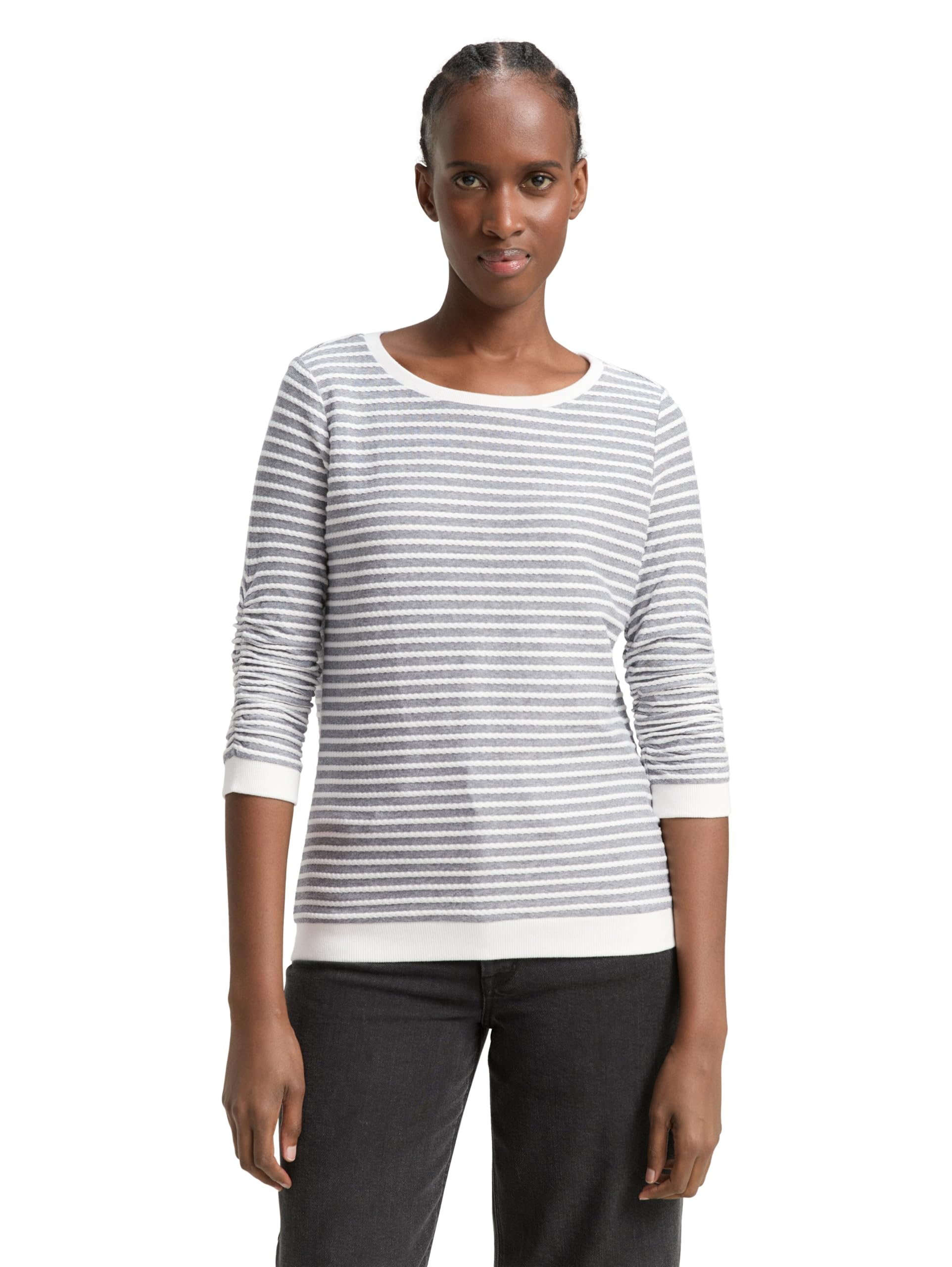 TOM TAILOR Denim Women's Sweatshirt with Ruffle Sleeves and Striped Pattern, 26032 - Blue White Structured Stripe, L