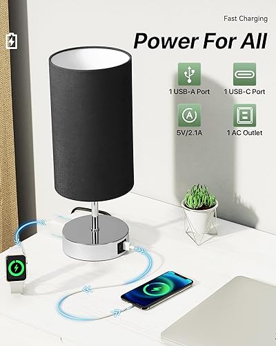 Miniatura 3 de KPQ Lámpara de mesita de noche con control táctil con puertos de carga USB A+C y salida de CA, lámpara de mesita de noche regulable de 3 vías con